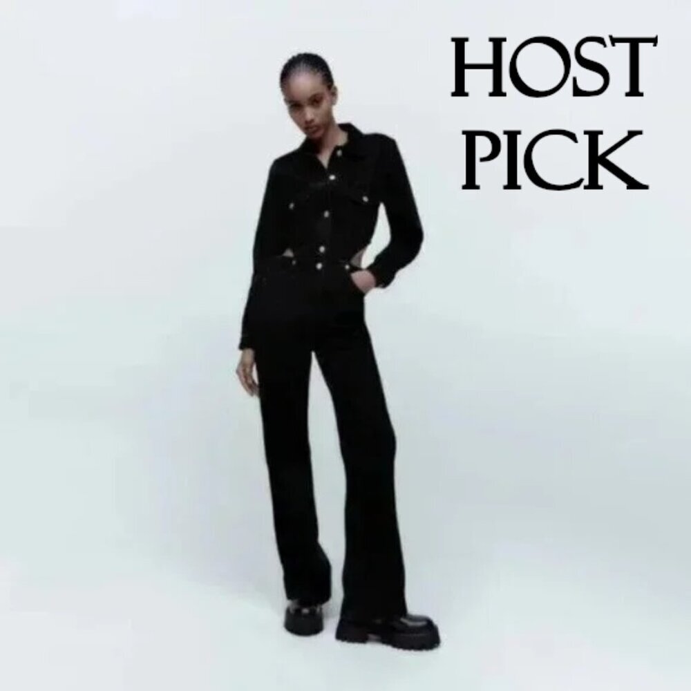 NWT Zara black full length denim jumpsuit with cut outs at waist, XS